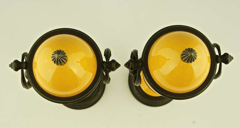 French Pair of Yellow Art Deco Vases with Bronze Mounts by Paul Milet for Sevres