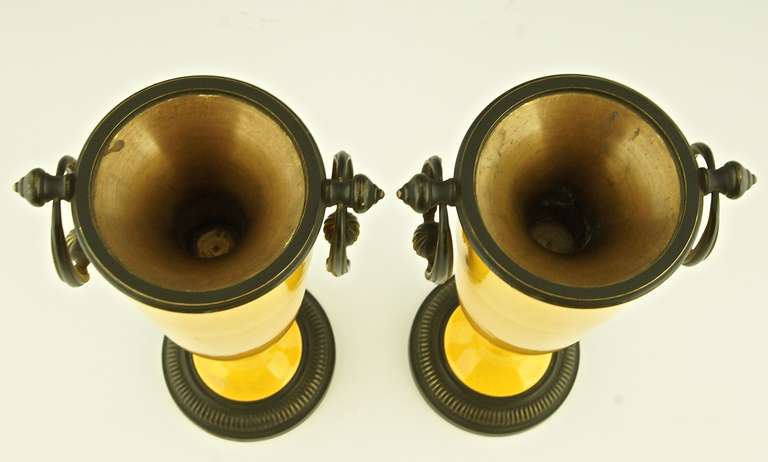 Pair of Yellow Art Deco Vases with Bronze Mounts by Paul Milet for Sevres In Good Condition In Antwerp, BE