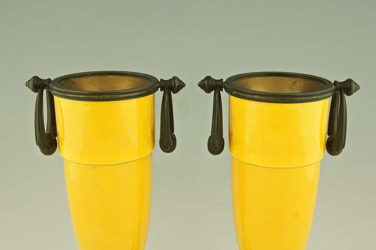 20th Century Pair of Yellow Art Deco Vases with Bronze Mounts by Paul Milet for Sevres