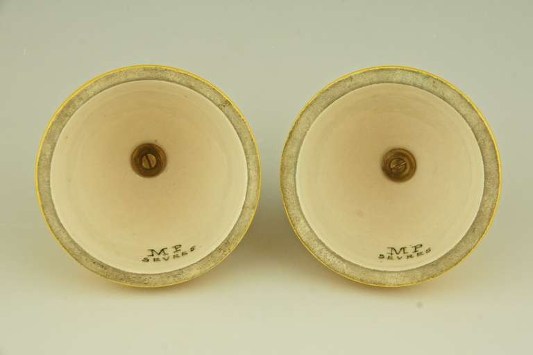 Ceramic Pair of Yellow Art Deco Vases with Bronze Mounts by Paul Milet for Sevres