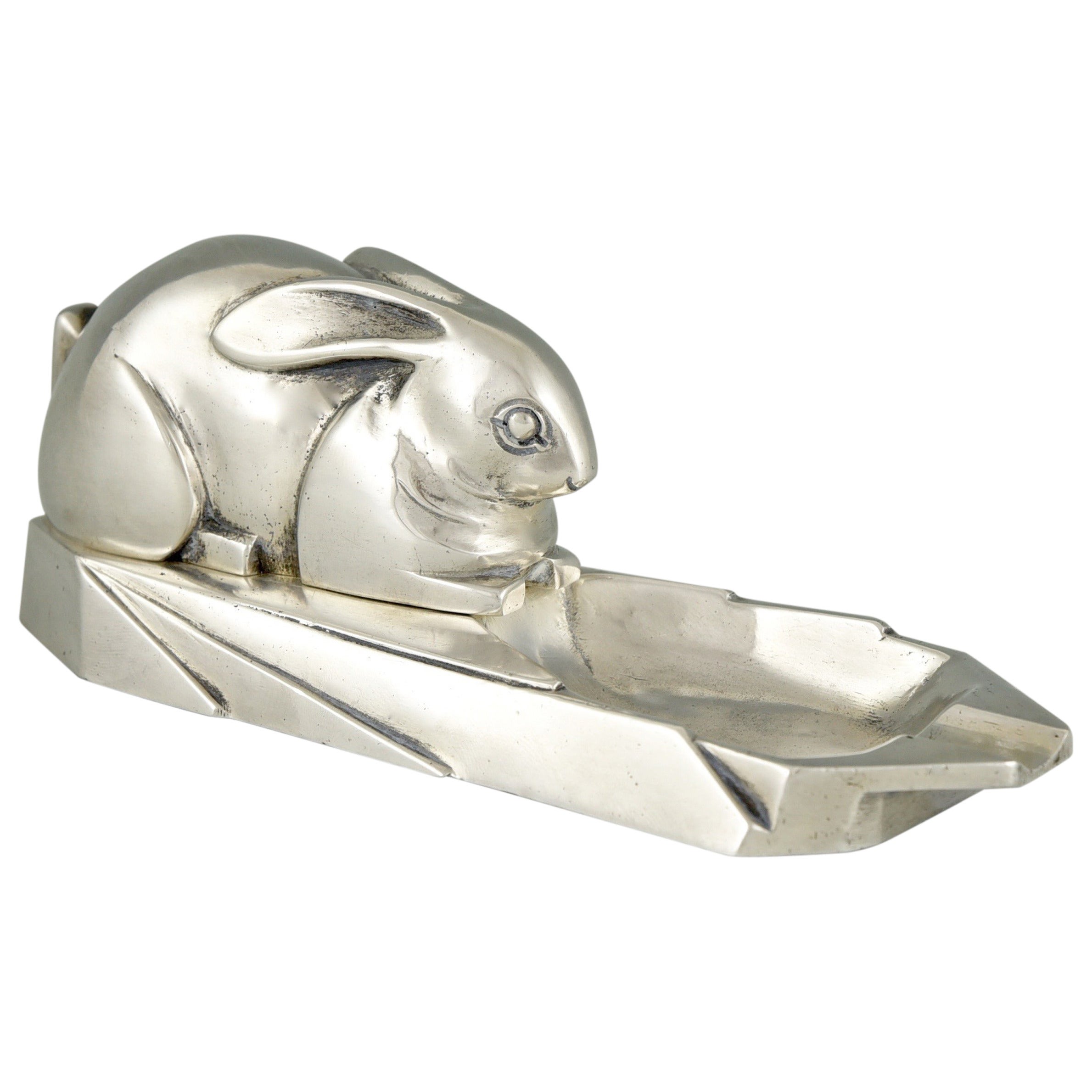 French Art Deco Silvered Bronze Ashtray with Rabbit by Marionnet, 1930