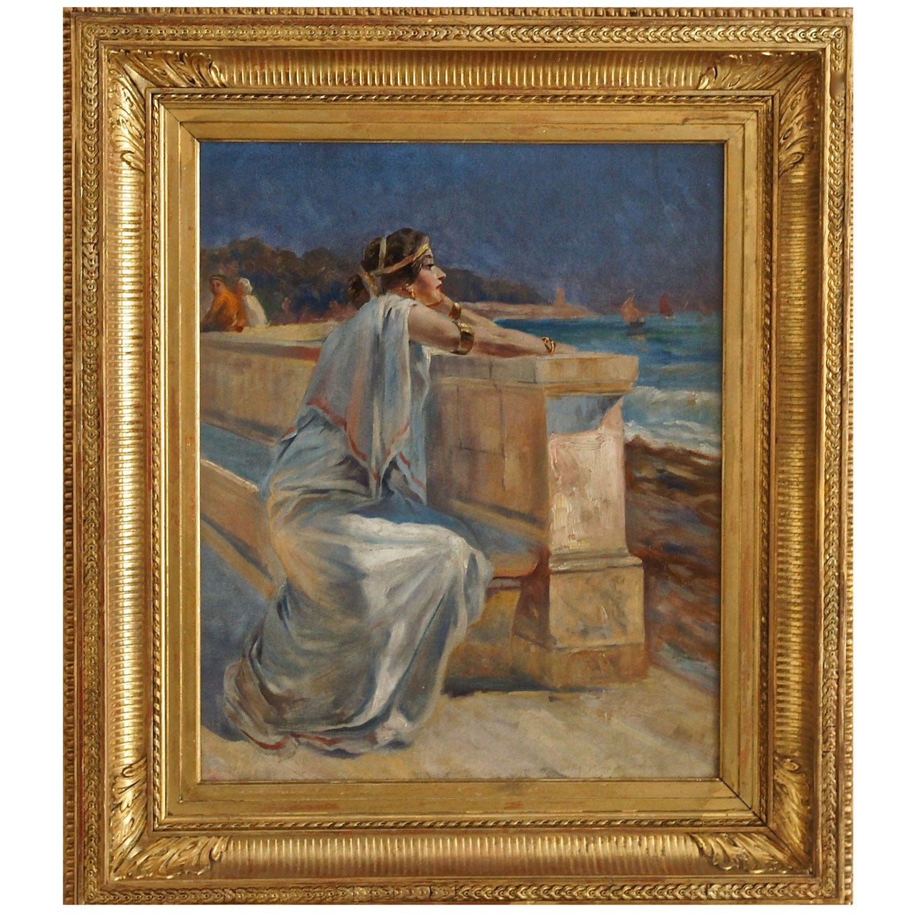 Orientalist scene, woman at the seashore, oil painting with original frame.