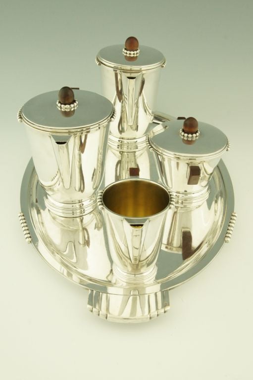French Art Deco 5 piece tea and coffee set by Orbrille, silver-plated.