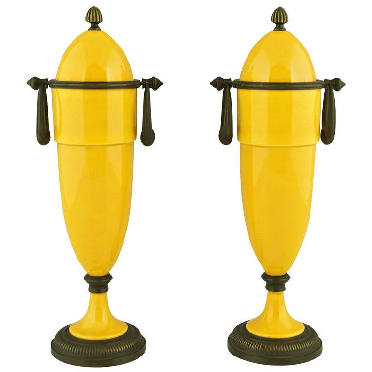Pair of Yellow Art Deco Vases with Bronze Mounts by Paul Milet for