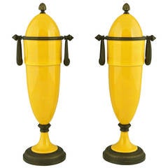 Pair of Yellow Art Deco Vases with Bronze Mounts by Paul Milet for Sevres