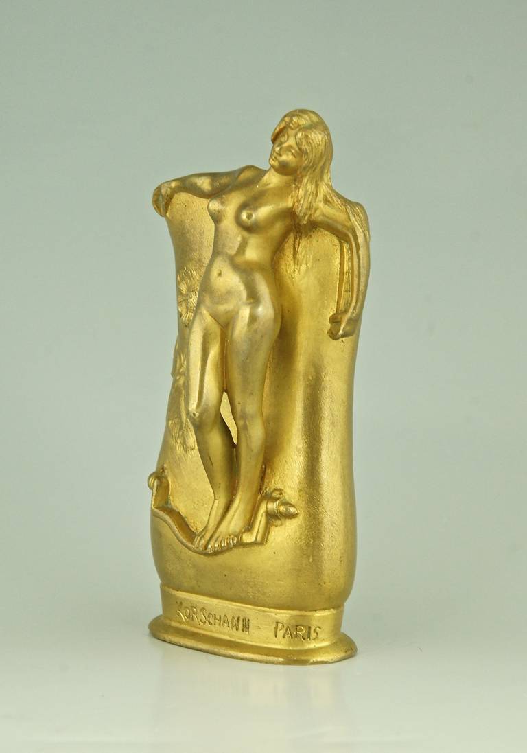 20th Century French Art Nouveau Gilt Bonze Vase with a Nude by Charles Korschann 1900