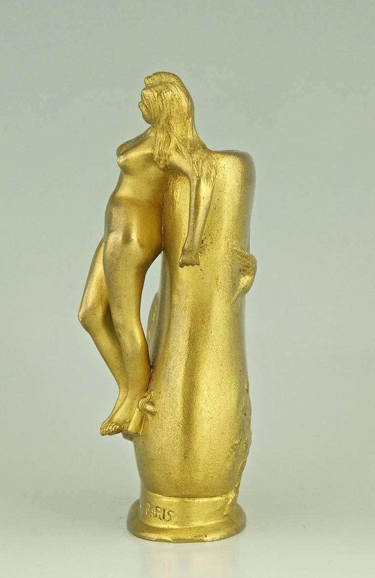 Bronze French Art Nouveau Gilt Bonze Vase with a Nude by Charles Korschann 1900