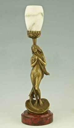 Ar Nouveau bronze table lamp with lady by Henri Levasseur, ca. 1900