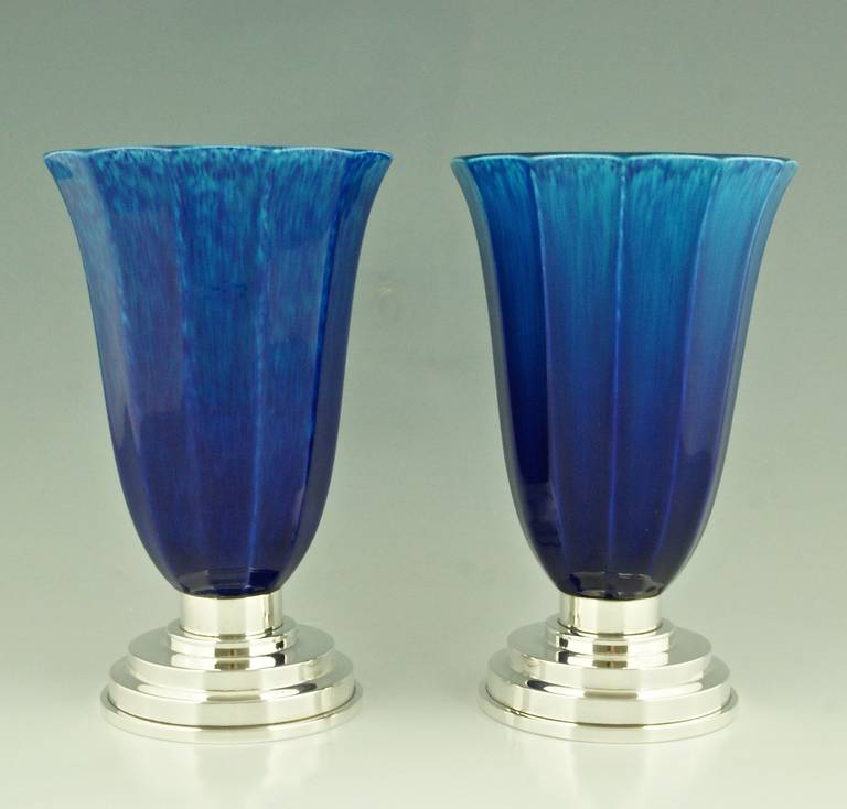 French Pair of Blue Art Deco Vases by Paul Milet for Sevres, France 1930