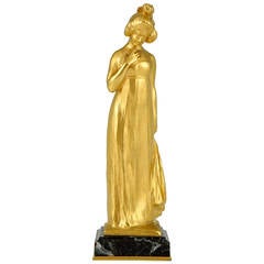Antique French Art Nouveau Gilt Bronze Sculpture of a Lady by Laporte-Blairsy, 1905