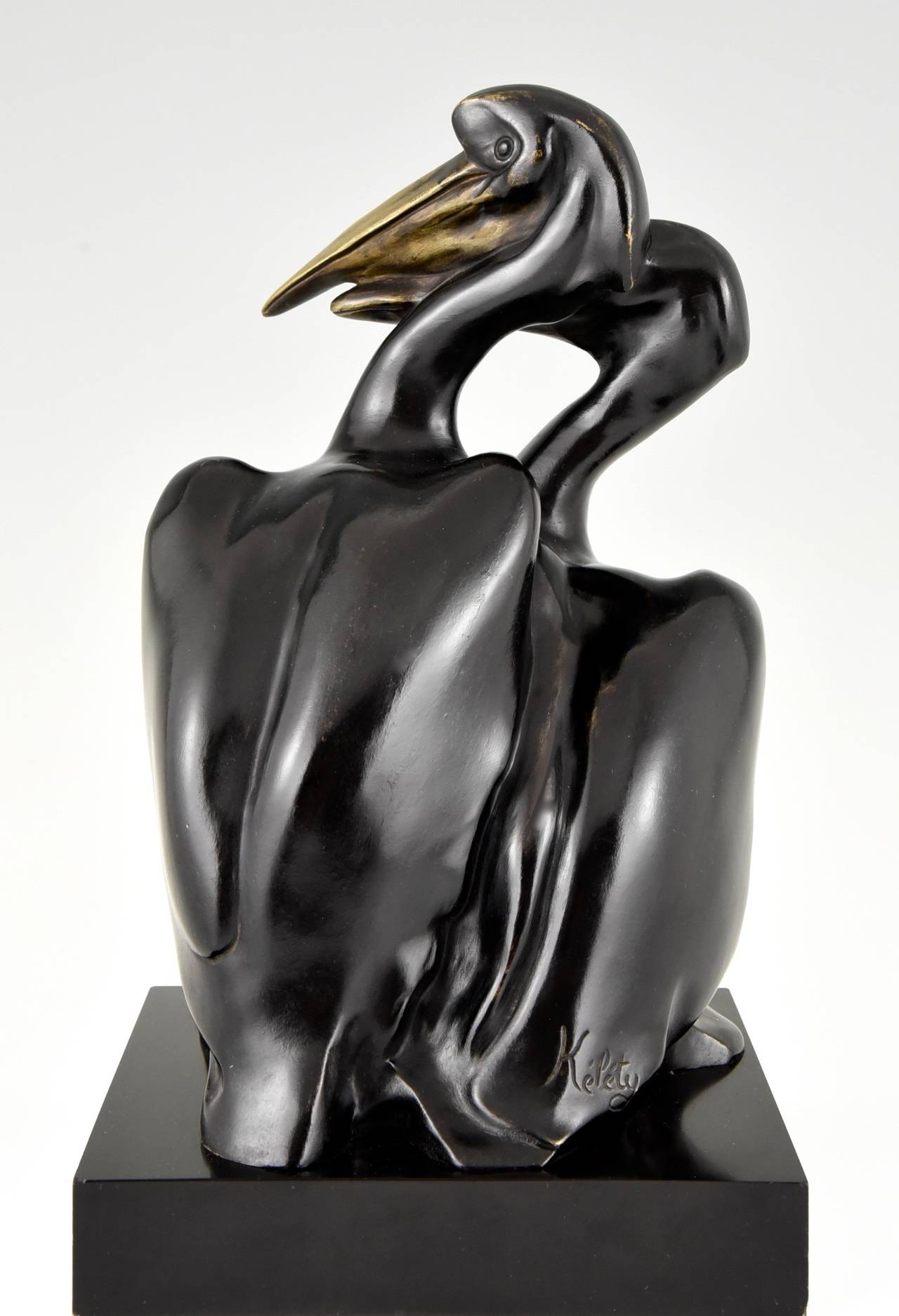 Belgian Black Marble French Art Deco Bronze Sculpture of Pelicans by Kelety, 1920 Original
