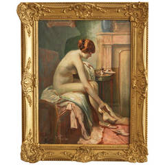 French Art Deco Pastel of a Nude in an Interior by Louis Dupont 1931