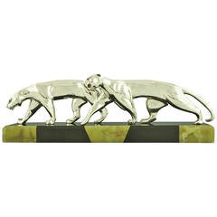 Art Deco Silvered Bronze Group of Two Panthers by Michel Decoux , 1930