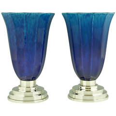 Antique Pair of Blue Art Deco Vases by Paul Milet for Sevres, France 1930