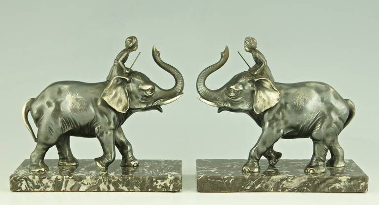 Pair of Art Deco Elephant Bookends on Marble Base