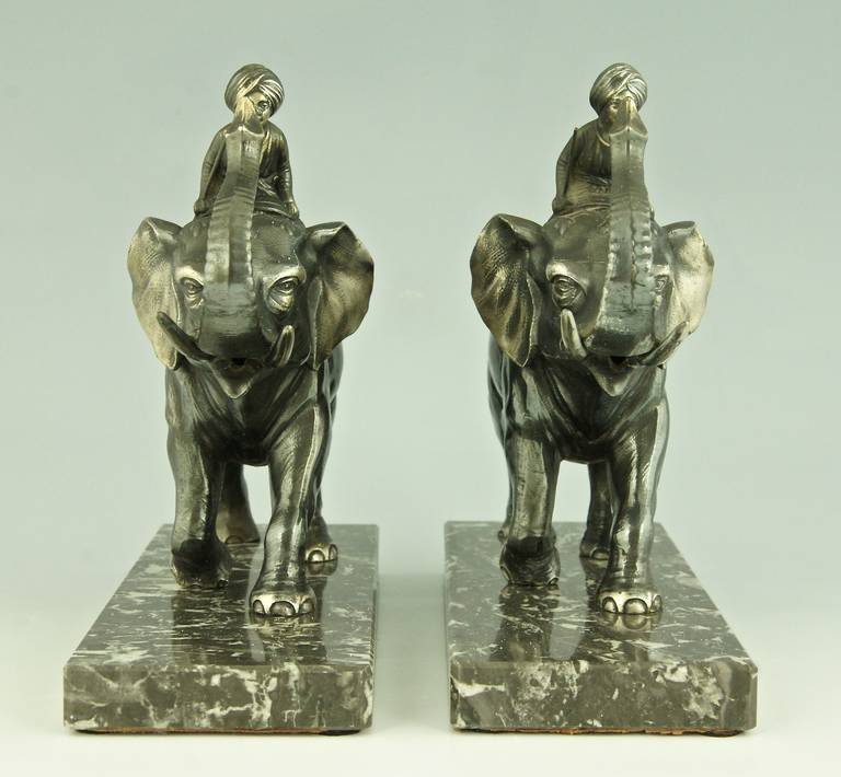 Pair of Art Deco Elephant Bookends on Marble Base at 1stDibs