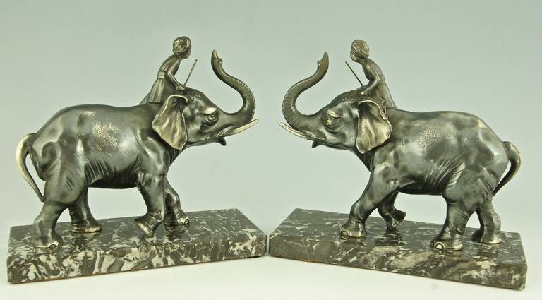 Pair of Art Deco Elephant Bookends on Marble Base at 1stDibs