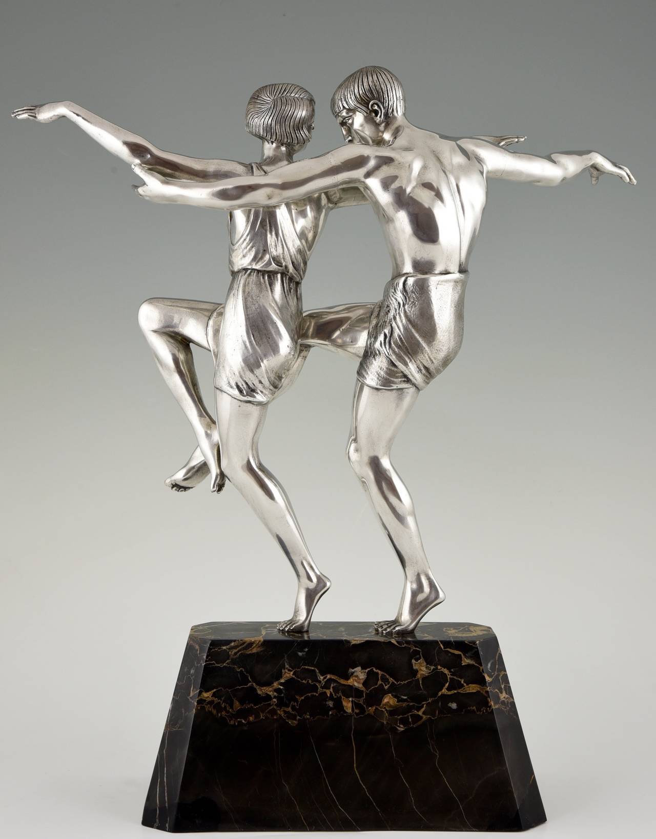 French Art Deco Silvered Bronze Sculpture Dancing Couple Pierre Le Faguays, 1930 1