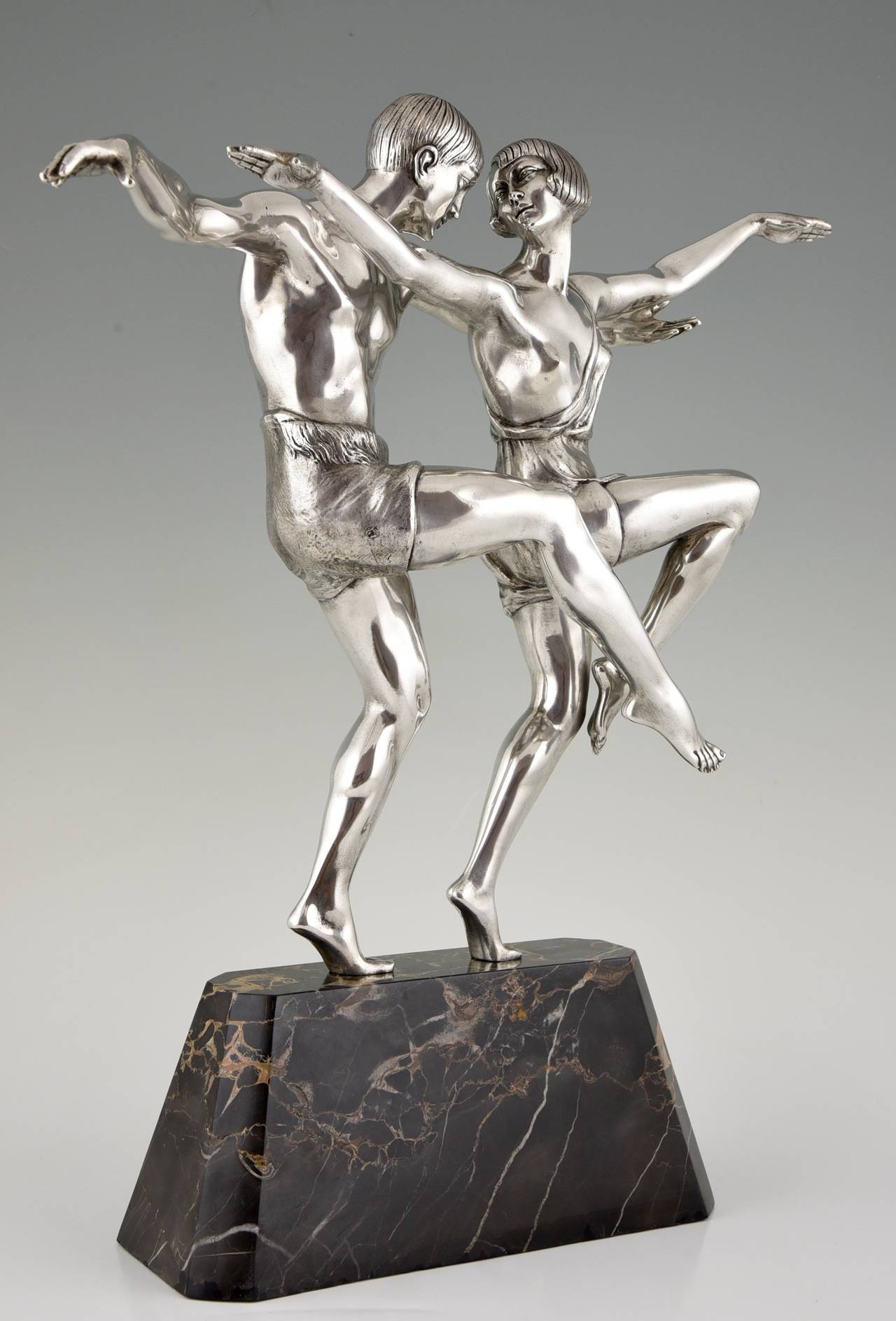 French Art Deco Silvered Bronze Sculpture Dancing Couple Pierre Le Faguays, 1930 2
