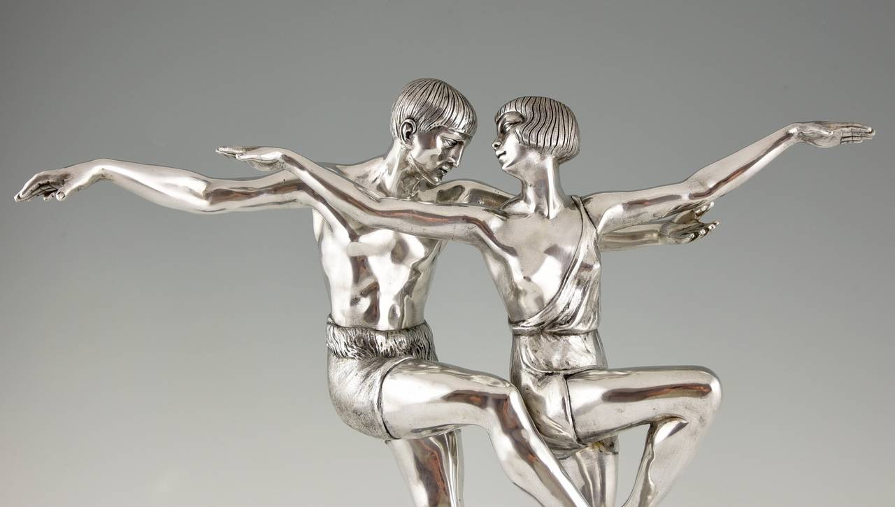 French Art Deco Silvered Bronze Sculpture Dancing Couple Pierre Le Faguays, 1930 4