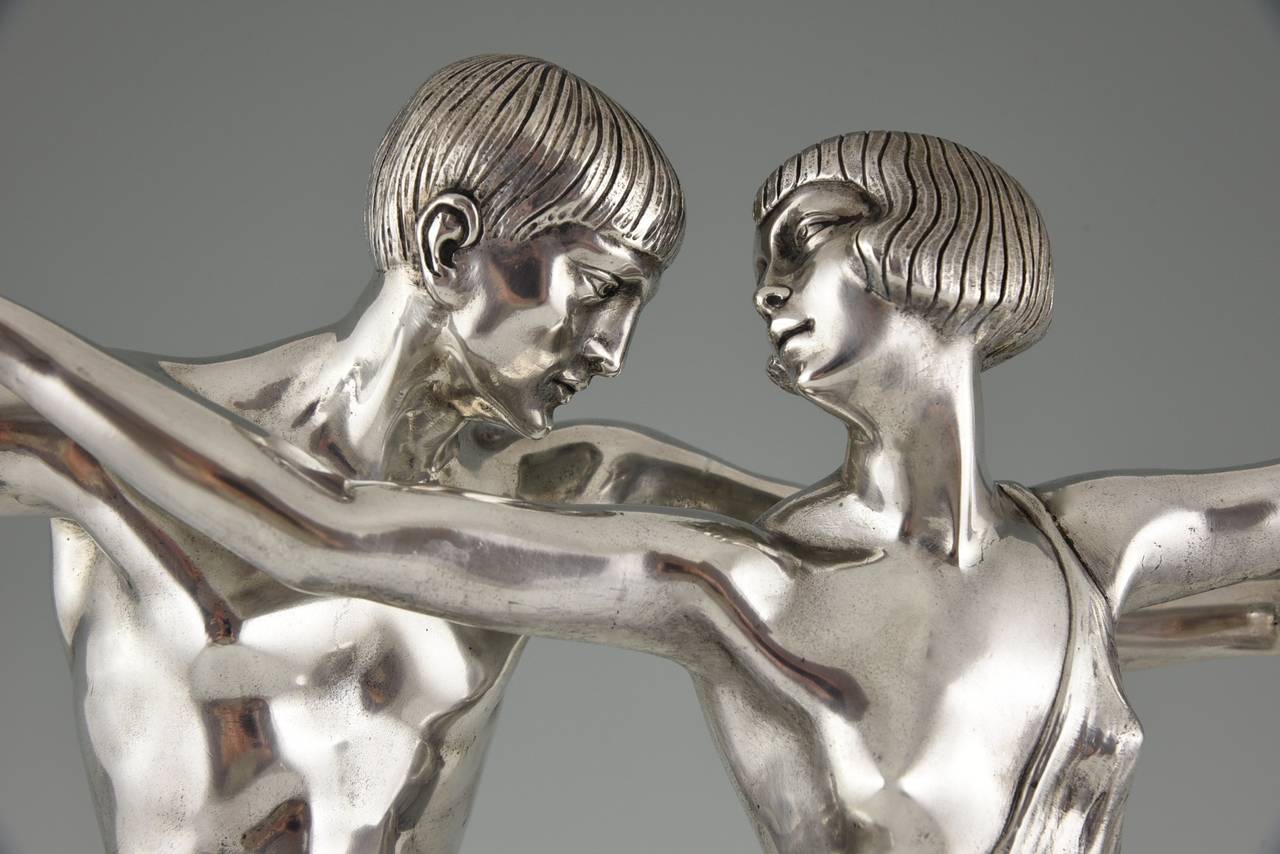 French Art Deco Silvered Bronze Sculpture Dancing Couple Pierre Le Faguays, 1930 5