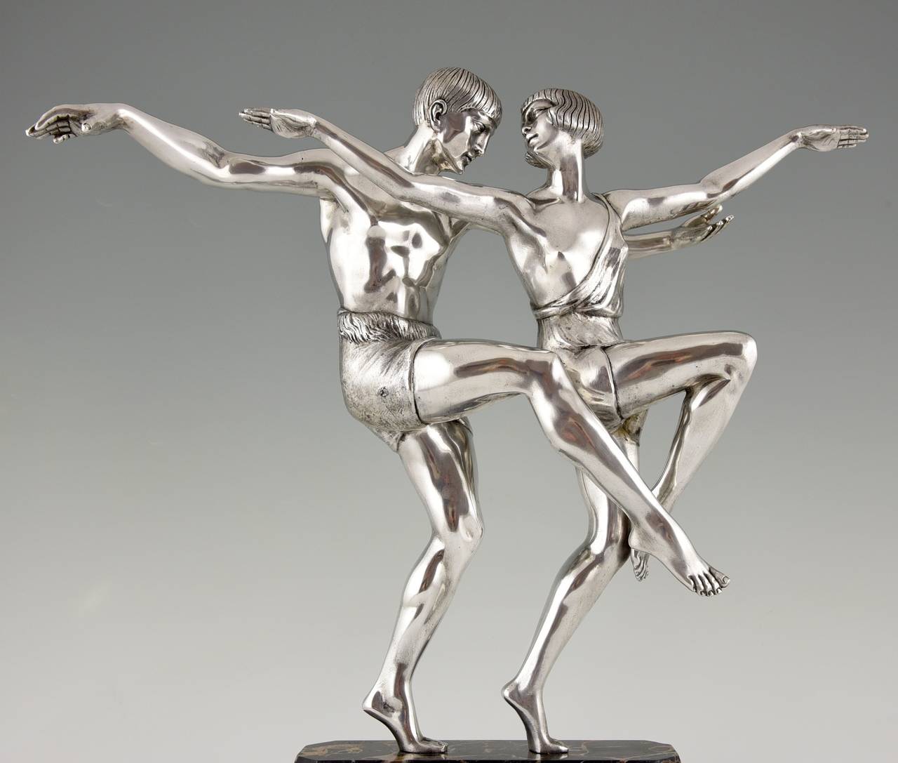 French Art Deco Silvered Bronze Sculpture Dancing Couple Pierre Le Faguays, 1930 3