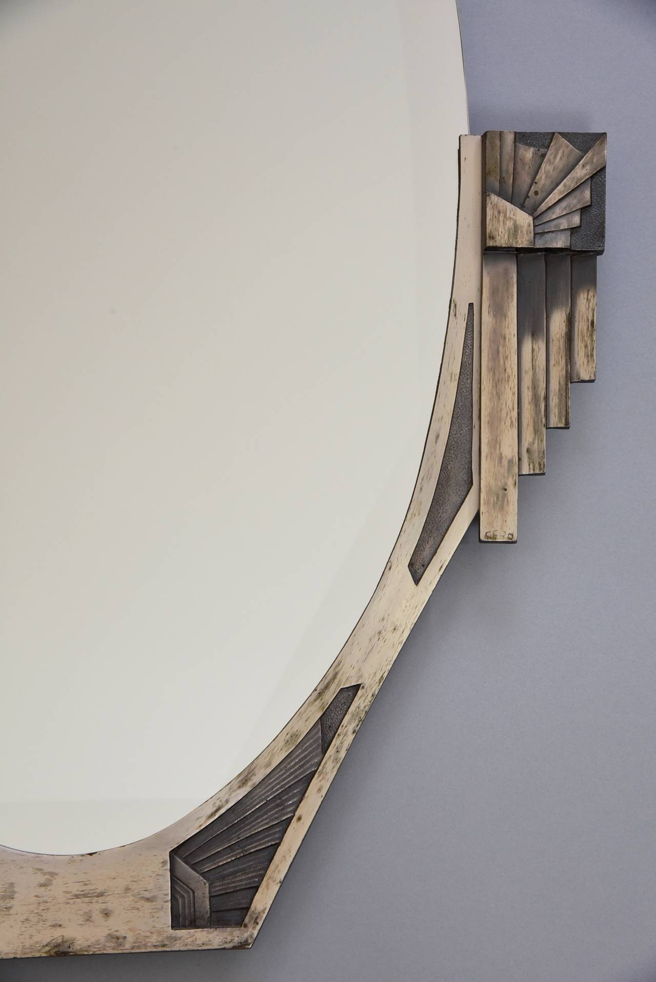 French Art Deco Bronze Mirror With Beveled Glass Signed Cero 1930 Oval Art Deco Mirror With Beveled Glass Signature Cero Style