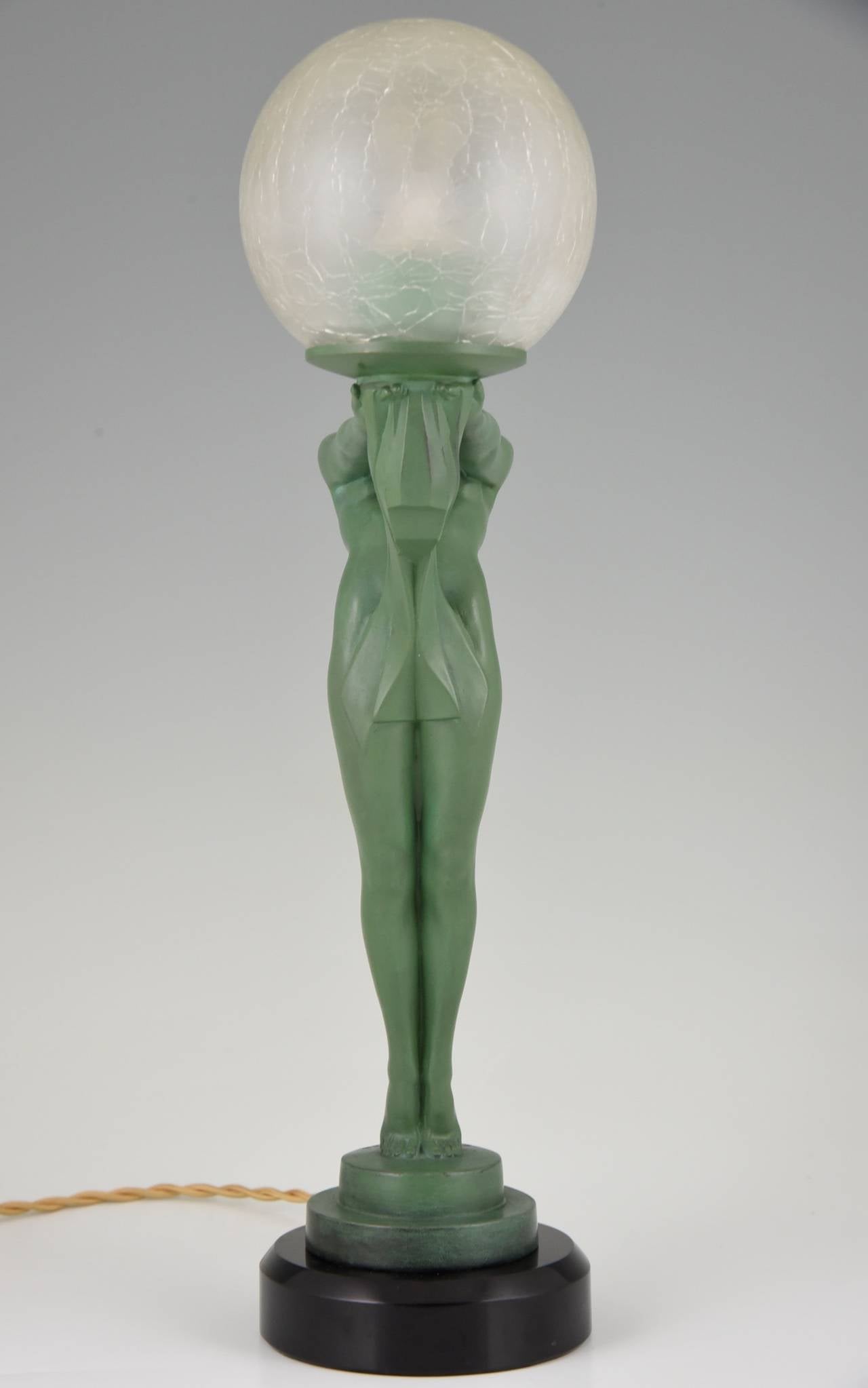 Patinated French Art Deco Lamp with a Nude by Max Le Verrier, 1930