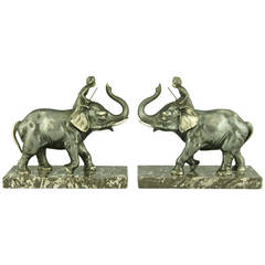 Antique Pair of Art Deco Elephant Bookends on Marble Base