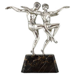 French Art Deco Silvered Bronze Sculpture Dancing Couple Pierre Le Faguays, 1930