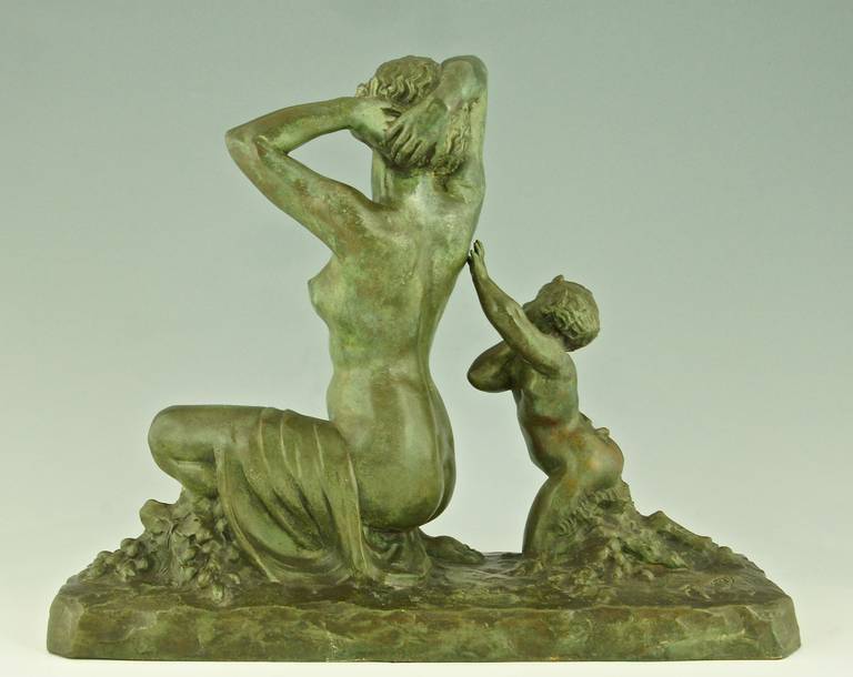 French Art Deco Bronze Sculpture of a Nude with Satyr by Alfred Foretay