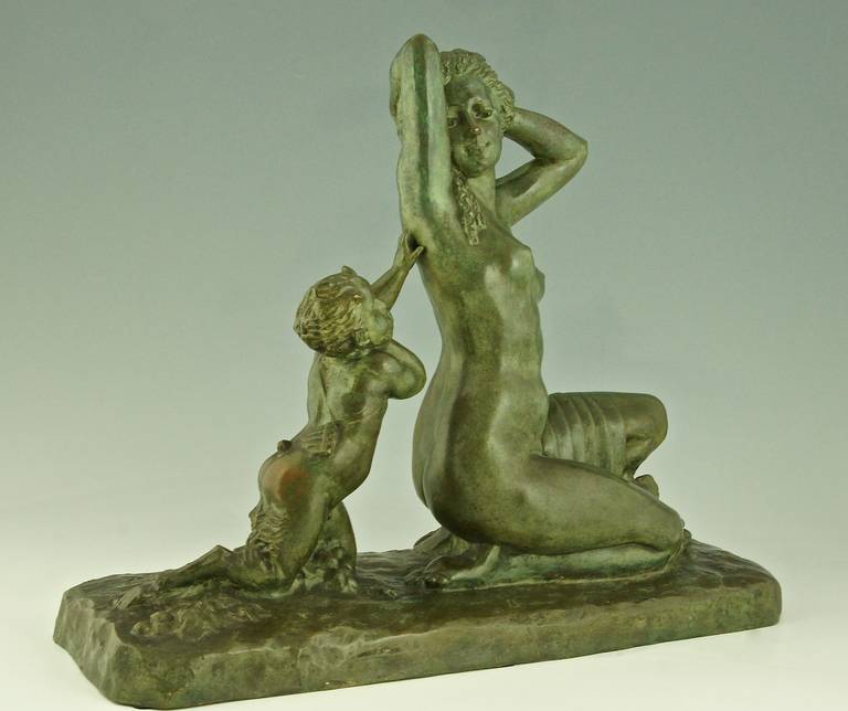 20th Century Art Deco Bronze Sculpture of a Nude with Satyr by Alfred Foretay