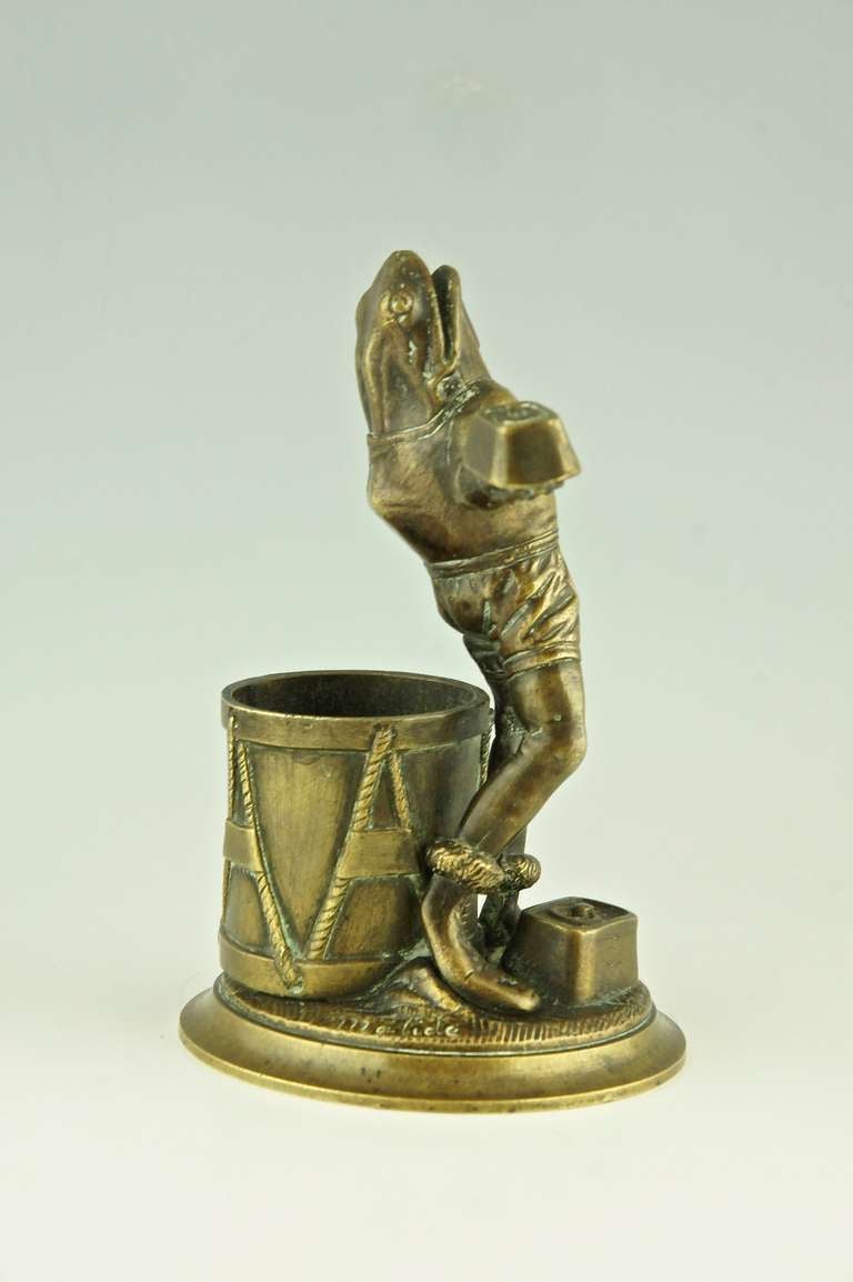 19th Century Antique bronze of a frog lifting weights by Malide.
