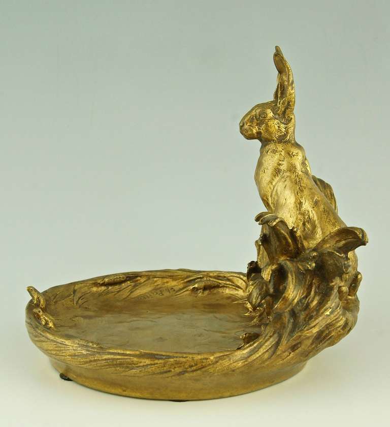 Romantic Antique bronze tray with a sitting hare by Charles Paillet, France 1900