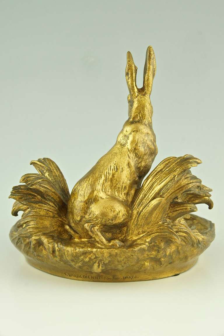 French Antique bronze tray with a sitting hare by Charles Paillet, France 1900