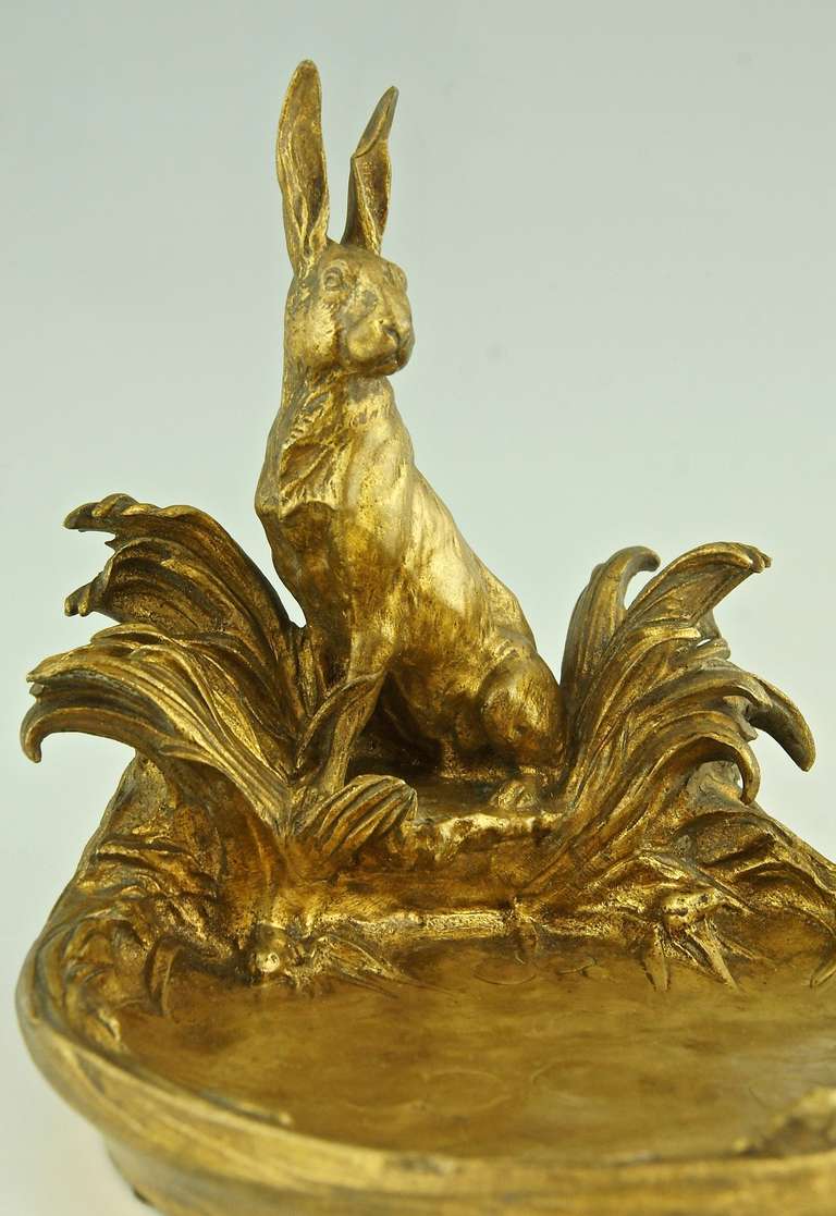20th Century Antique bronze tray with a sitting hare by Charles Paillet, France 1900