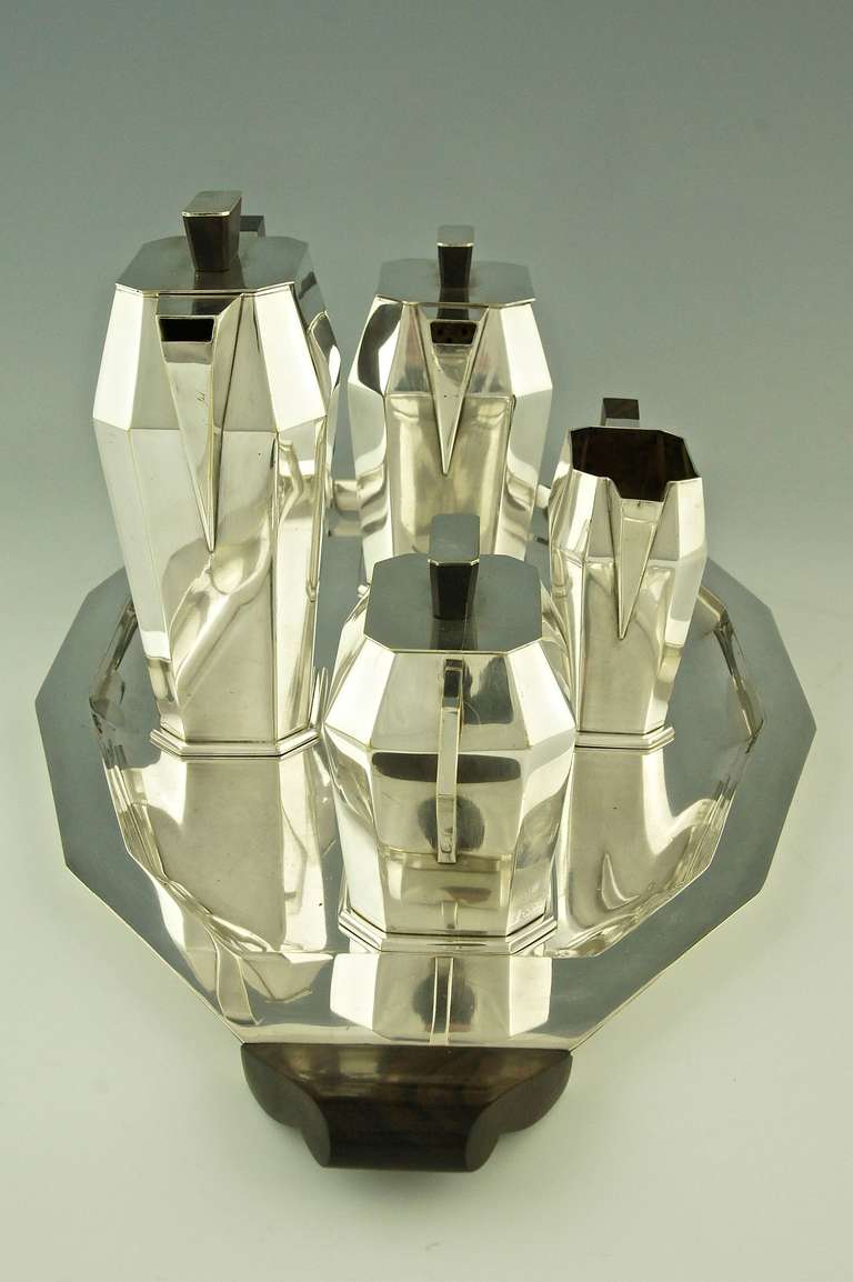 Mid-20th Century 5 Piece Silver Plated Art Deco Tea and Coffee Set with Wooden Handles