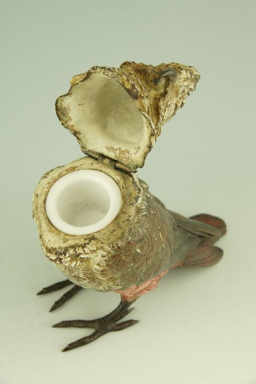 A cold painted Vienna bronze Cockatoo inkwell, H. 7 inch. 6