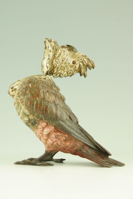 A cold painted Vienna bronze Cockatoo inkwell, H. 7 inch. 2