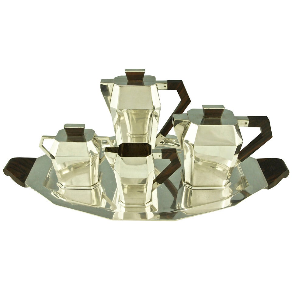 5 Piece Silver Plated Art Deco Tea and Coffee Set with Wooden Handles