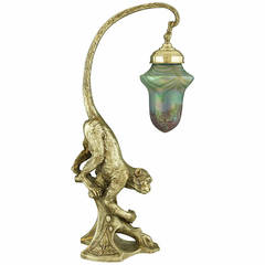 Antique Art Nouveau Silvered Table Lamp with Monkey and Loetz Glass