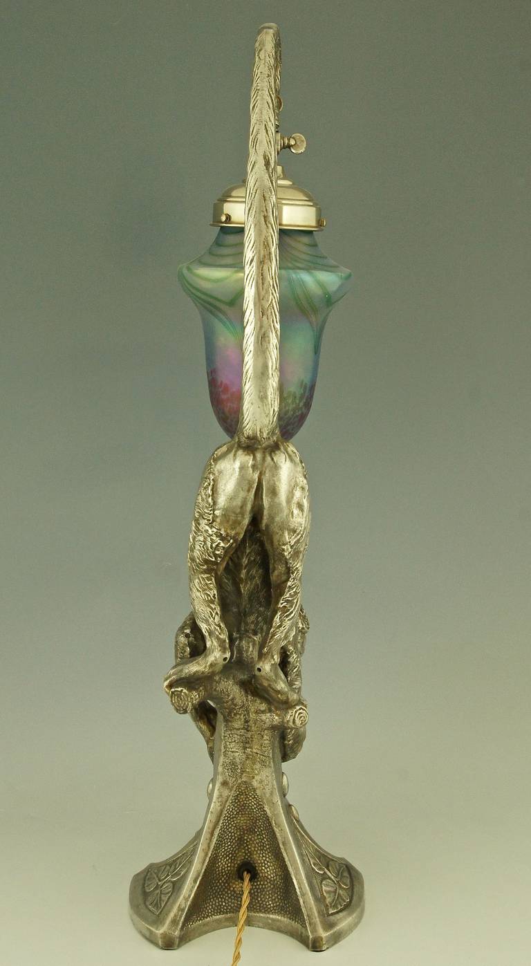 Austrian Art Nouveau Silvered Table Lamp with Monkey and Loetz Glass