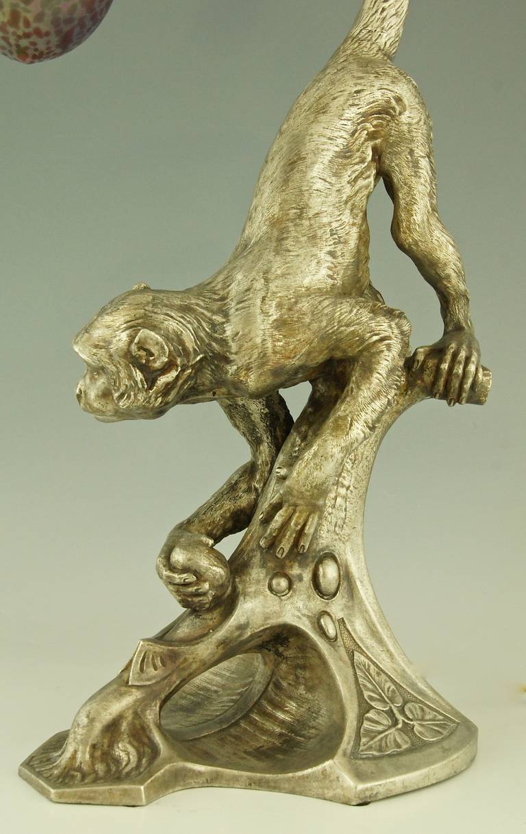 20th Century Art Nouveau Silvered Table Lamp with Monkey and Loetz Glass