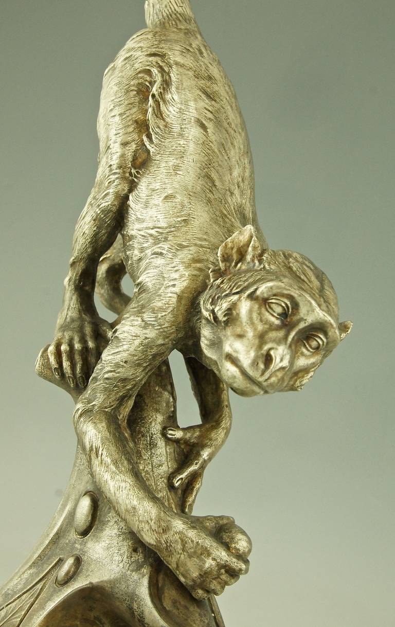 Art Nouveau Silvered Table Lamp with Monkey and Loetz Glass 1