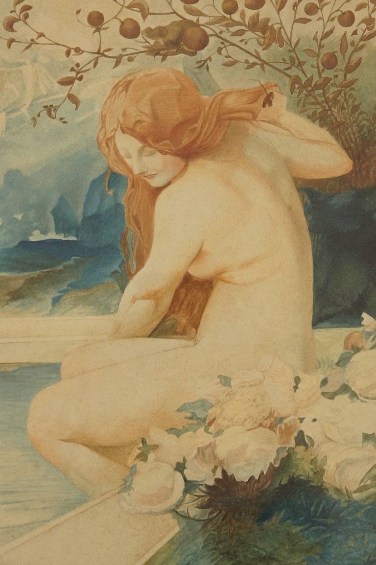 20ième siècle Paire de peintures à l'aquarelle Art nouveau représentant des nus par A. Crommen, 1918 en vente