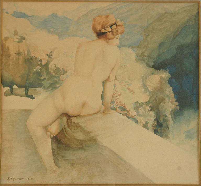 A pair of Art Nouveau watercolor paintings with nudes in original frames. 
By A. Crommen, 1918.
Material: Watercolor on paper. Original glass and frame. 
Origin: Belgium. 

Size framed: 
H. 22 inch x L. 20.9 inch.
H. 56 cm. x L. 53 cm.?H. 22