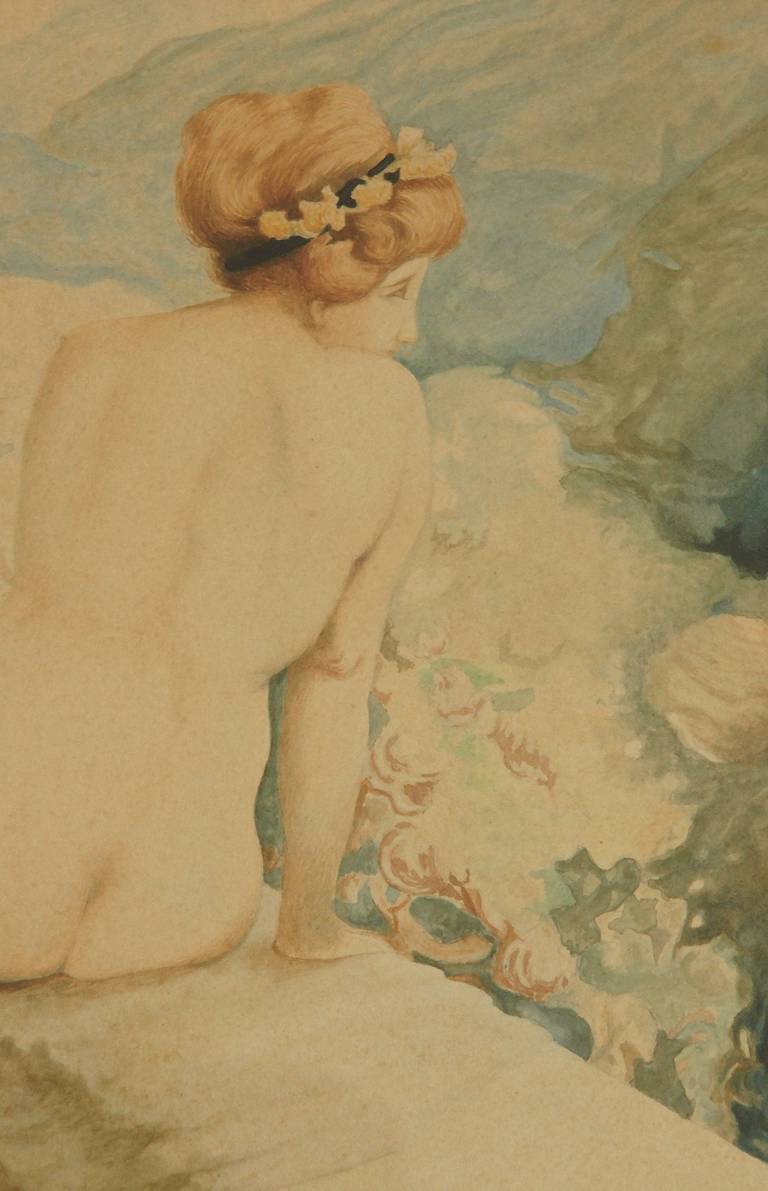 Belgian Pair of Art Nouveau Watercolor Paintings with Nudes by A. Crommen, 1918 For Sale