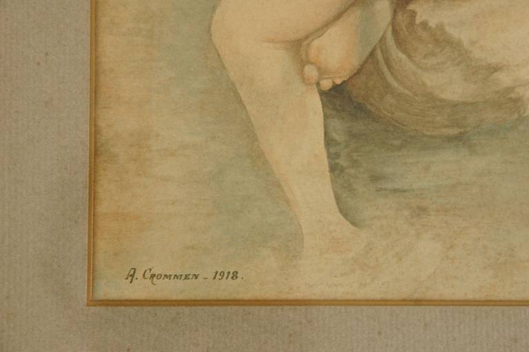 Paire de peintures à l'aquarelle Art nouveau représentant des nus par A. Crommen, 1918 en vente 2