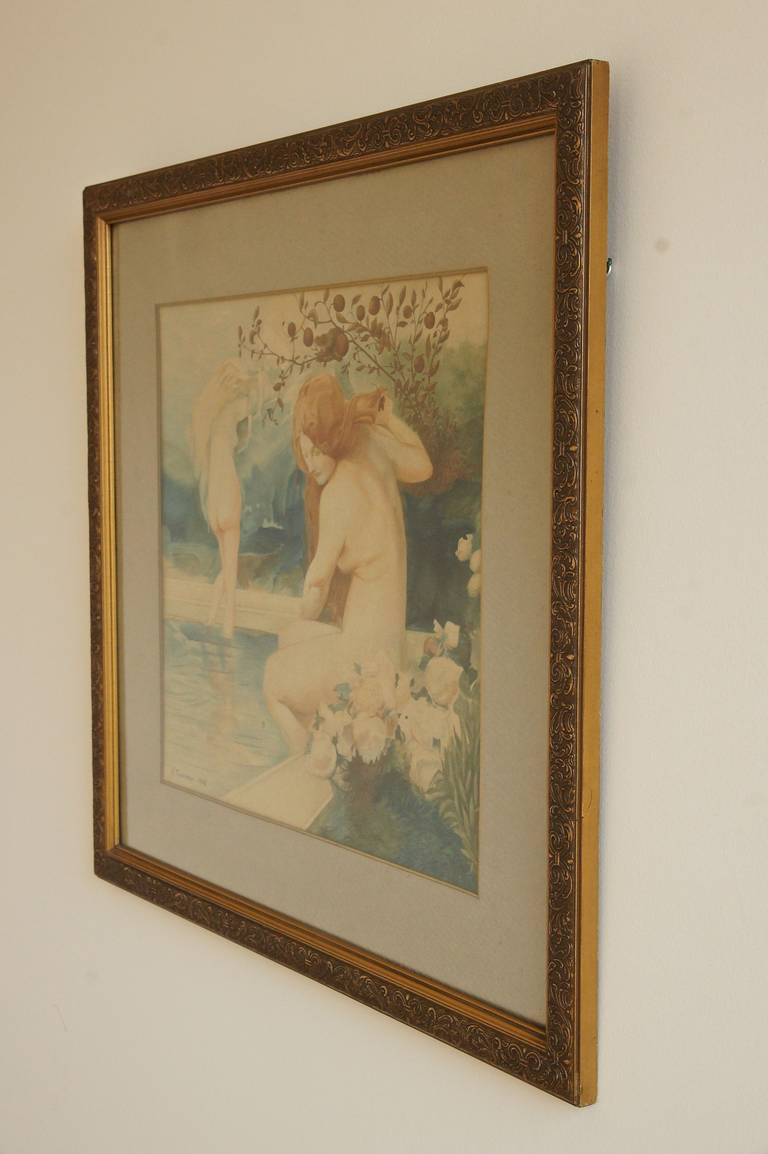 Paper Pair of Art Nouveau Watercolor Paintings with Nudes by A. Crommen, 1918 For Sale