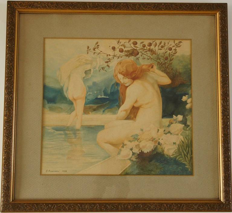 Belge Paire de peintures à l'aquarelle Art nouveau représentant des nus par A. Crommen, 1918 en vente